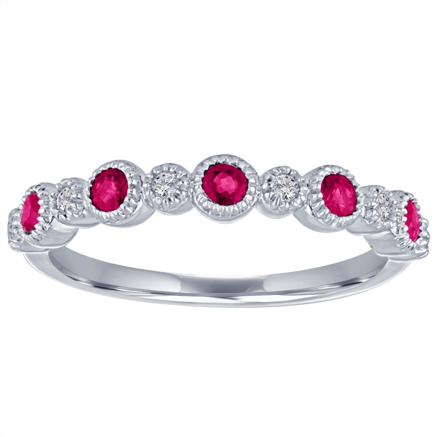 White gold skinny band with large round rubies and small round diamonds.