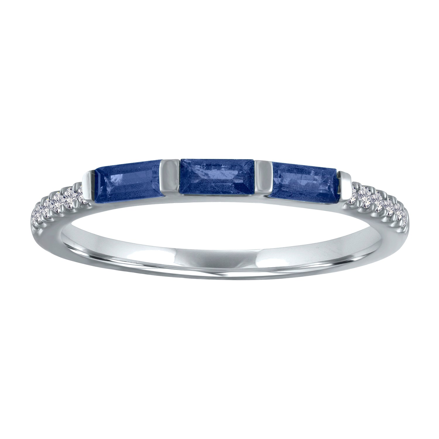 White gold skinny band with three sapphire baguettes and round diamonds on the shank.