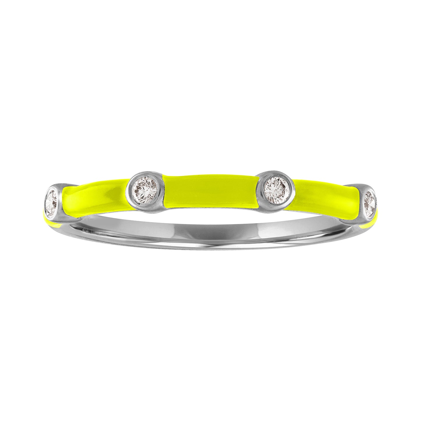 White gold skinny band with yellow enamel and four round diamonds.