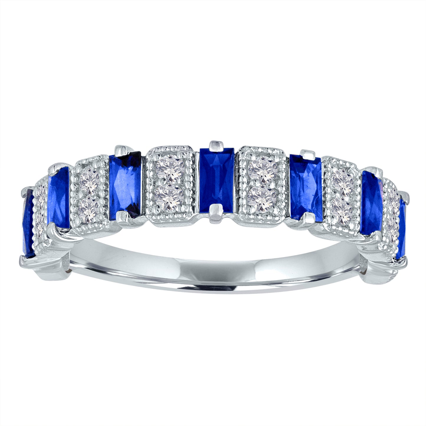 White gold white band with blue sapphire baguettes and round diamonds.