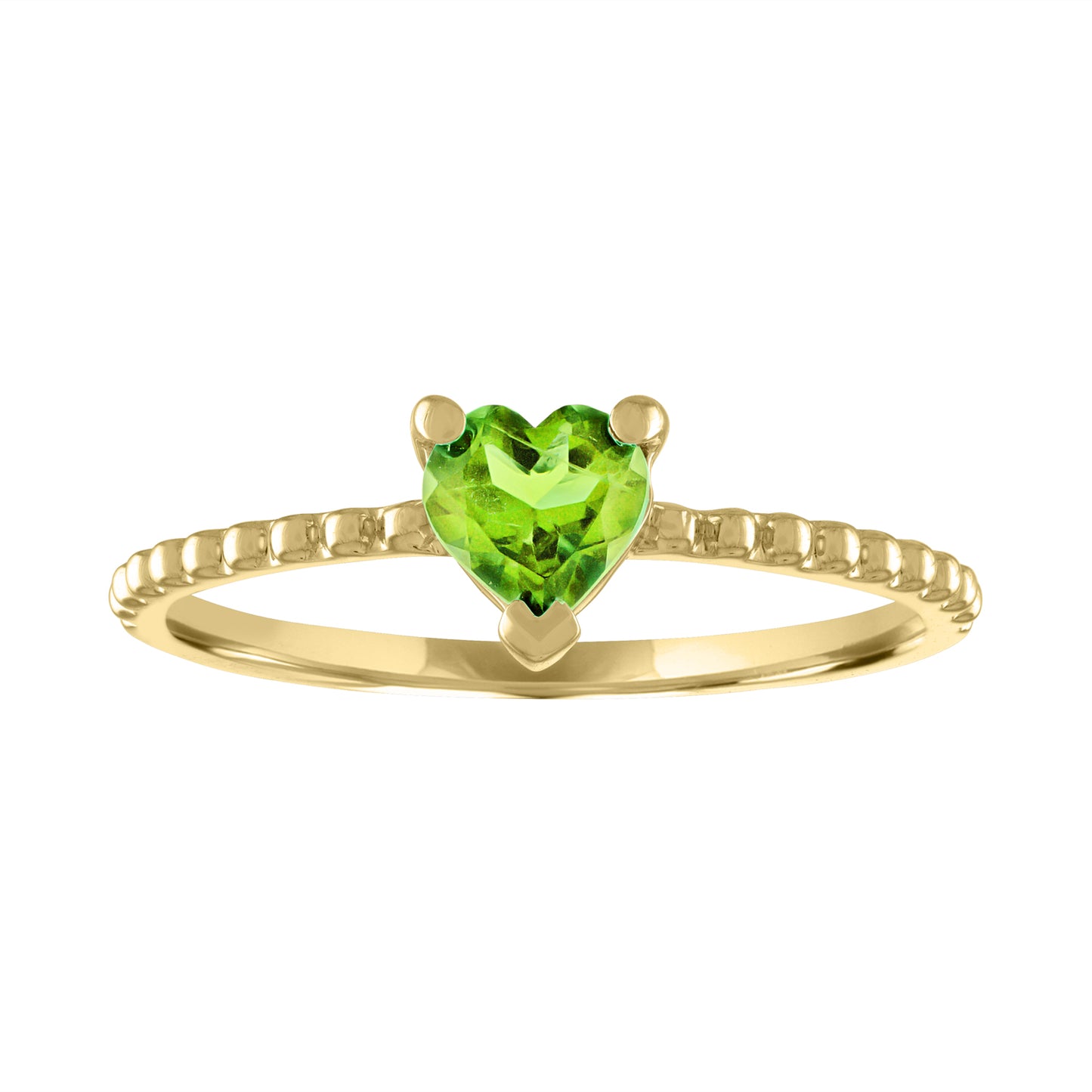 Yellow gold beaded skinny band with a heart shaped peridot in the center.