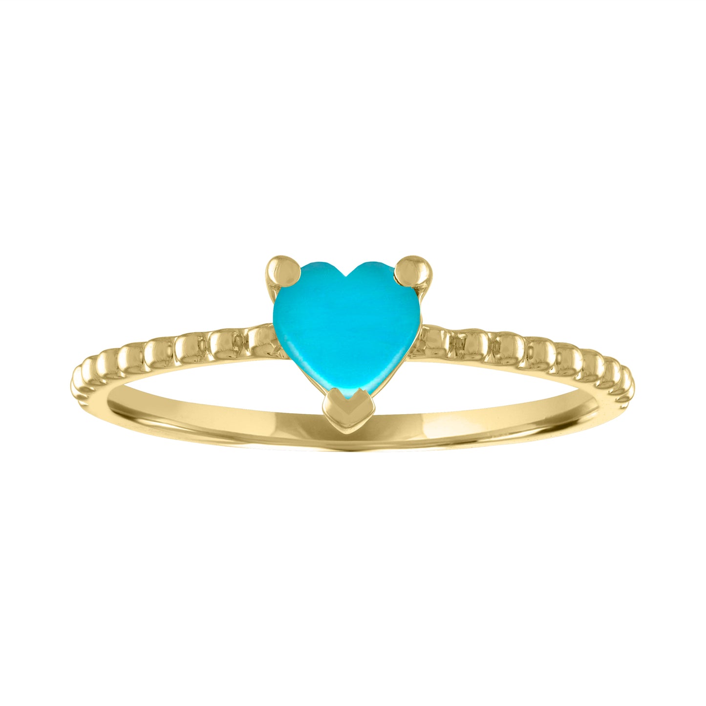 Yellow gold beaded skinny band with a heart shaped turquoise in the center.