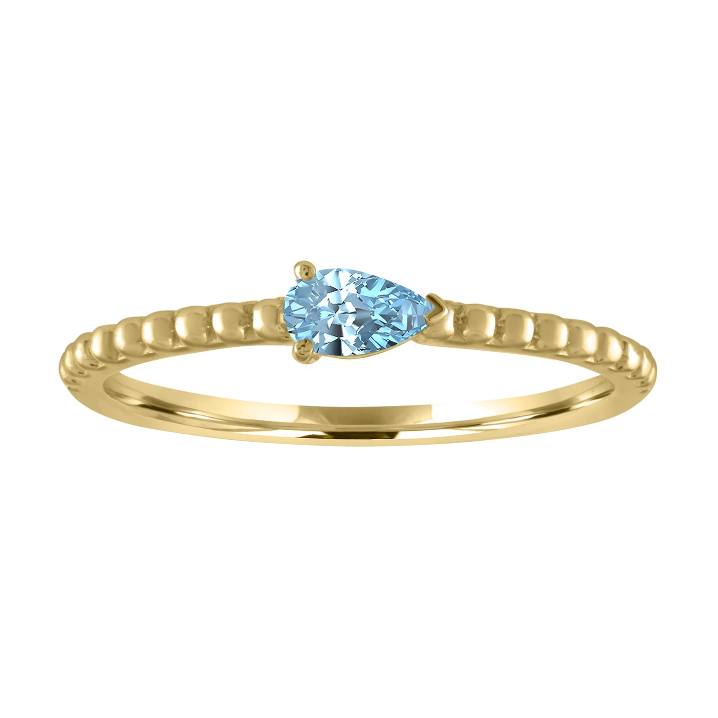 Yellow gold beaded skinny band with a pear shaped aquamarine in the center.