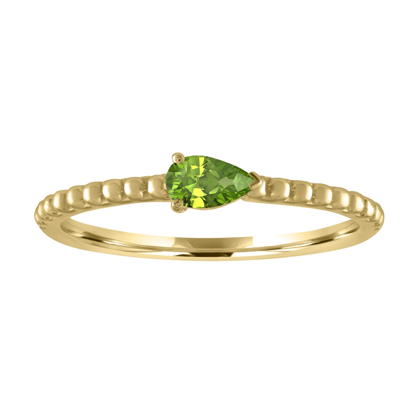 Yellow gold beaded skinny band with a pear shaped peridot in the center.