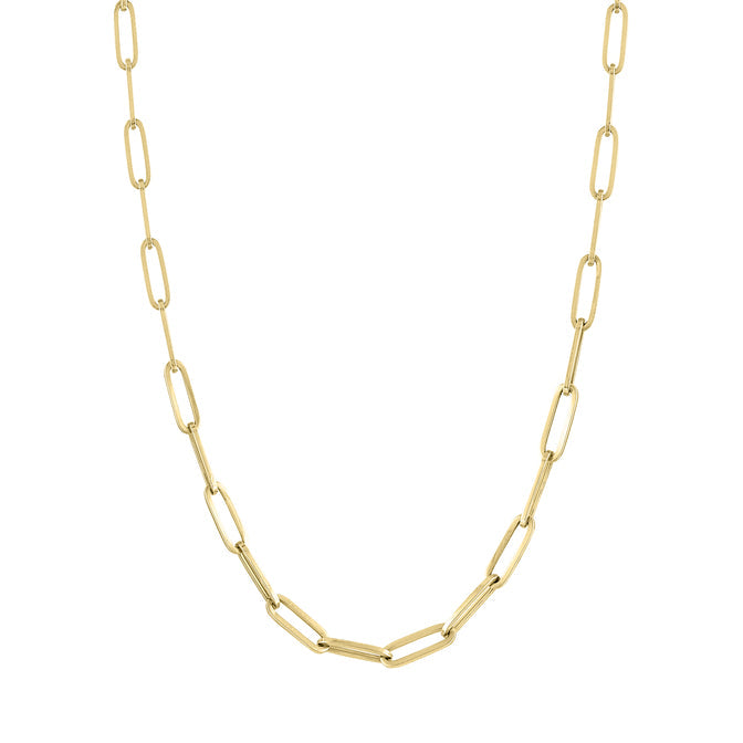 Yellow gold chubby paper clip chain.