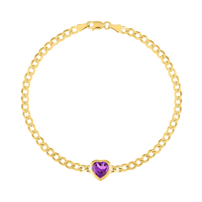 Yellow gold cuban link chain bracelet with a heart shaped bezeled amethyst in the center.