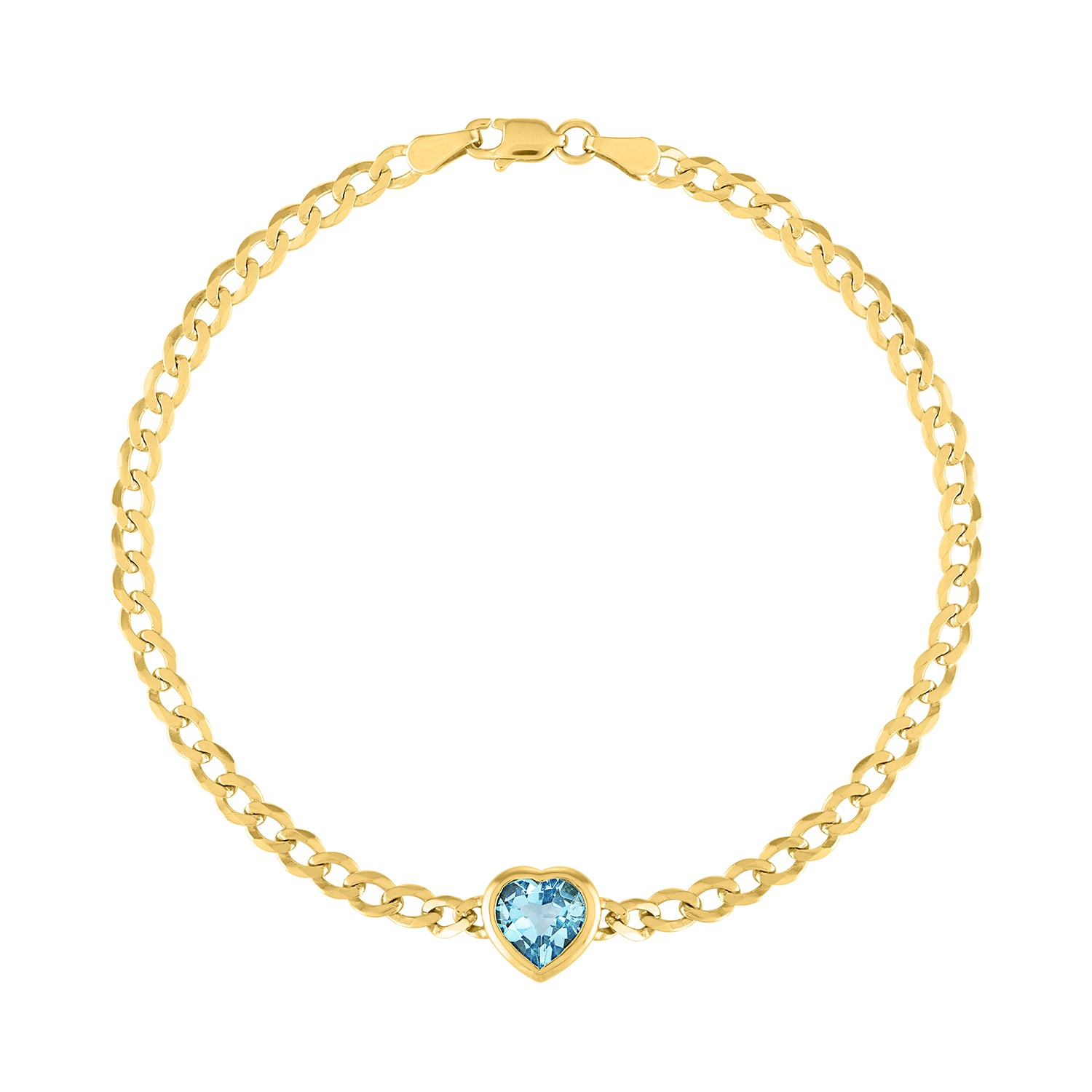 Yellow gold cuban link chain bracelet with a heart shaped bezeled blue topaz in the center.