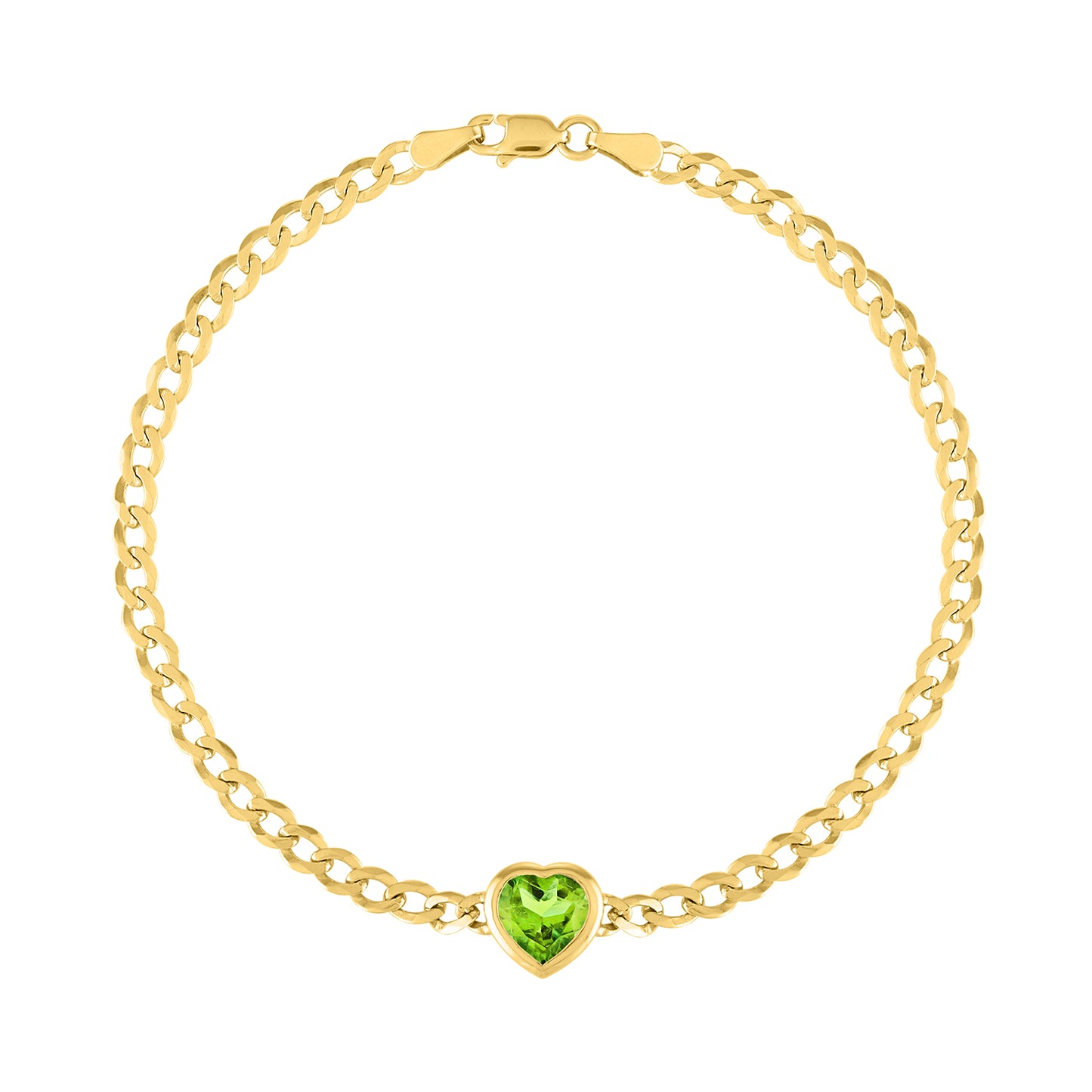 Yellow gold cuban link chain bracelet with a heart shaped bezeled peridot in the center.