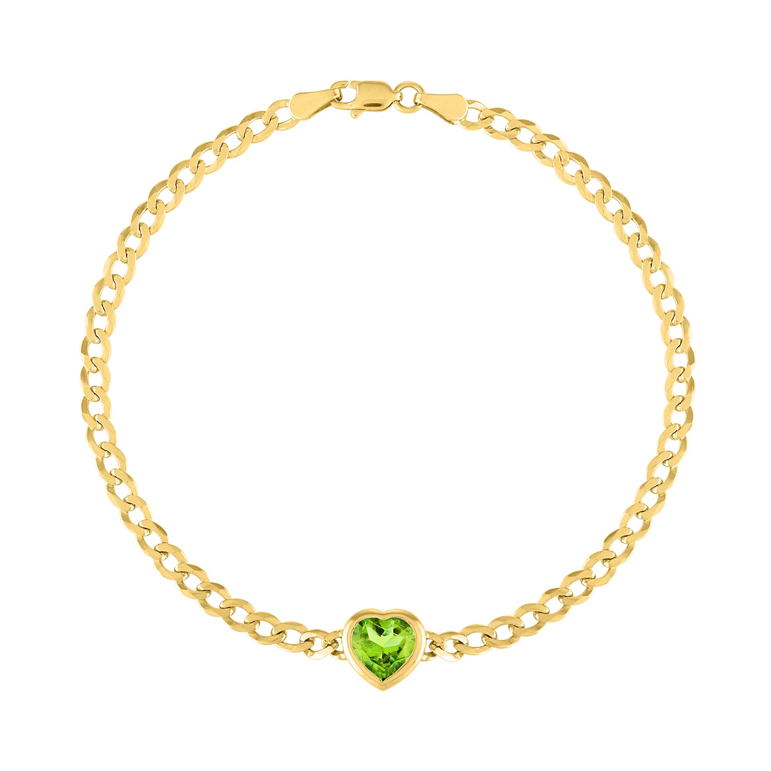Yellow gold cuban link chain bracelet with a heart shaped bezeled peridot in the center.