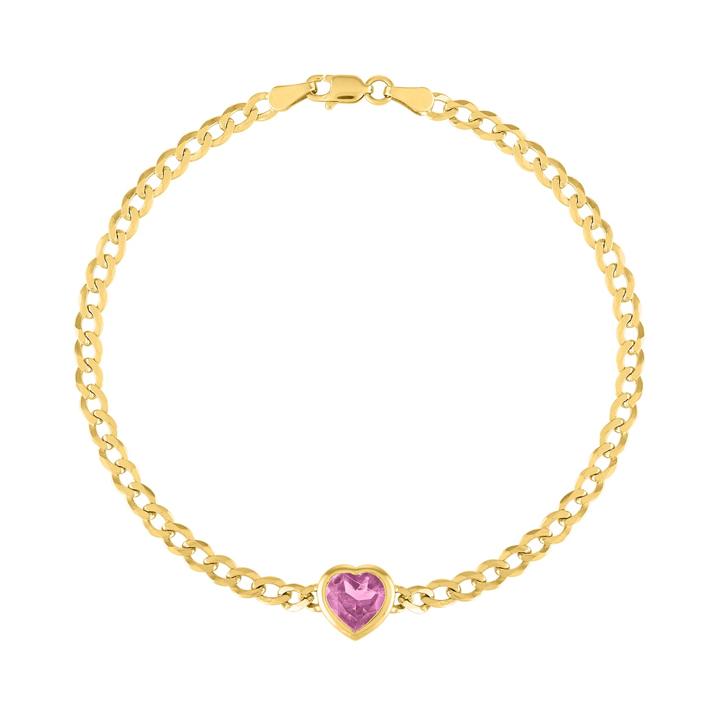 Yellow gold cuban link chain bracelet with a heart shaped bezeled pink tourmaline in the center.