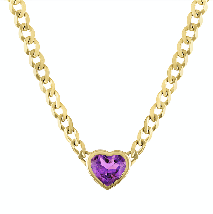Yellow gold cuban link chain necklace with a heart shaped bezeled amethyst in the center.