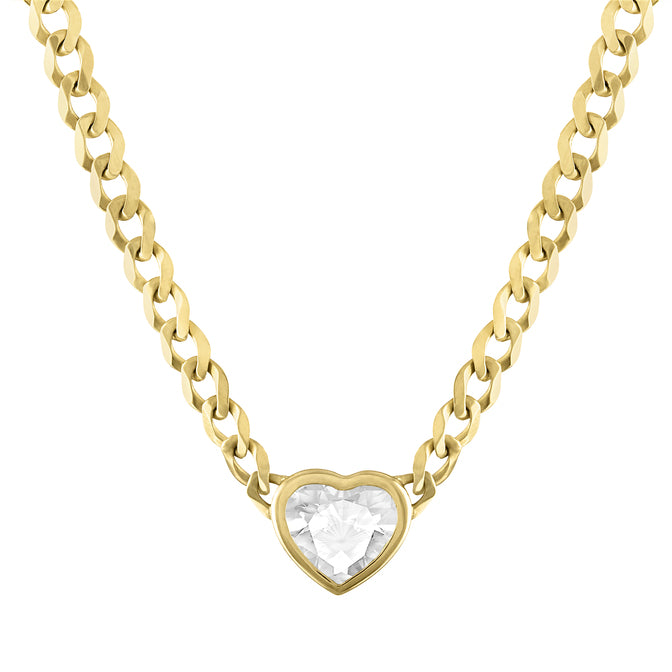 Yellow gold cuban link chain necklace with a heart shaped bezeled white topaz.