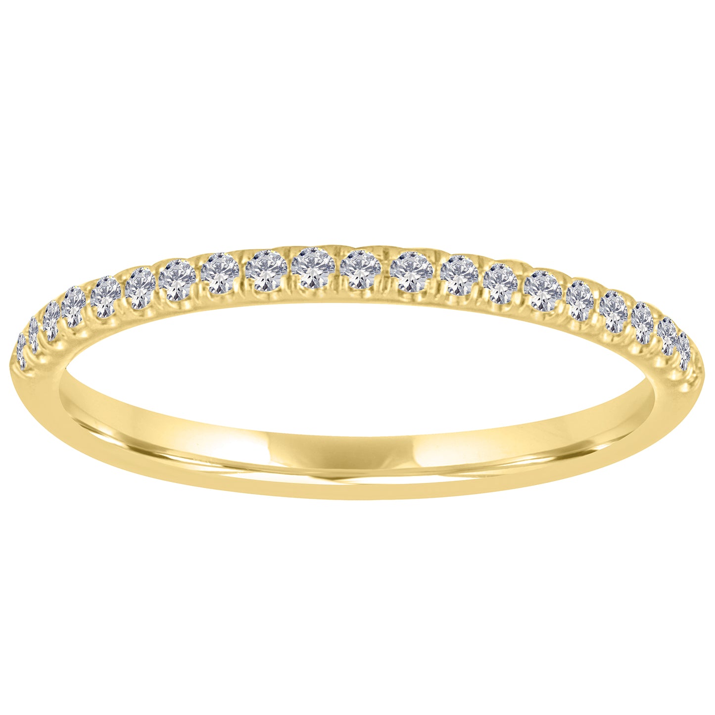 Yellow gold skinny band with round diamonds.
