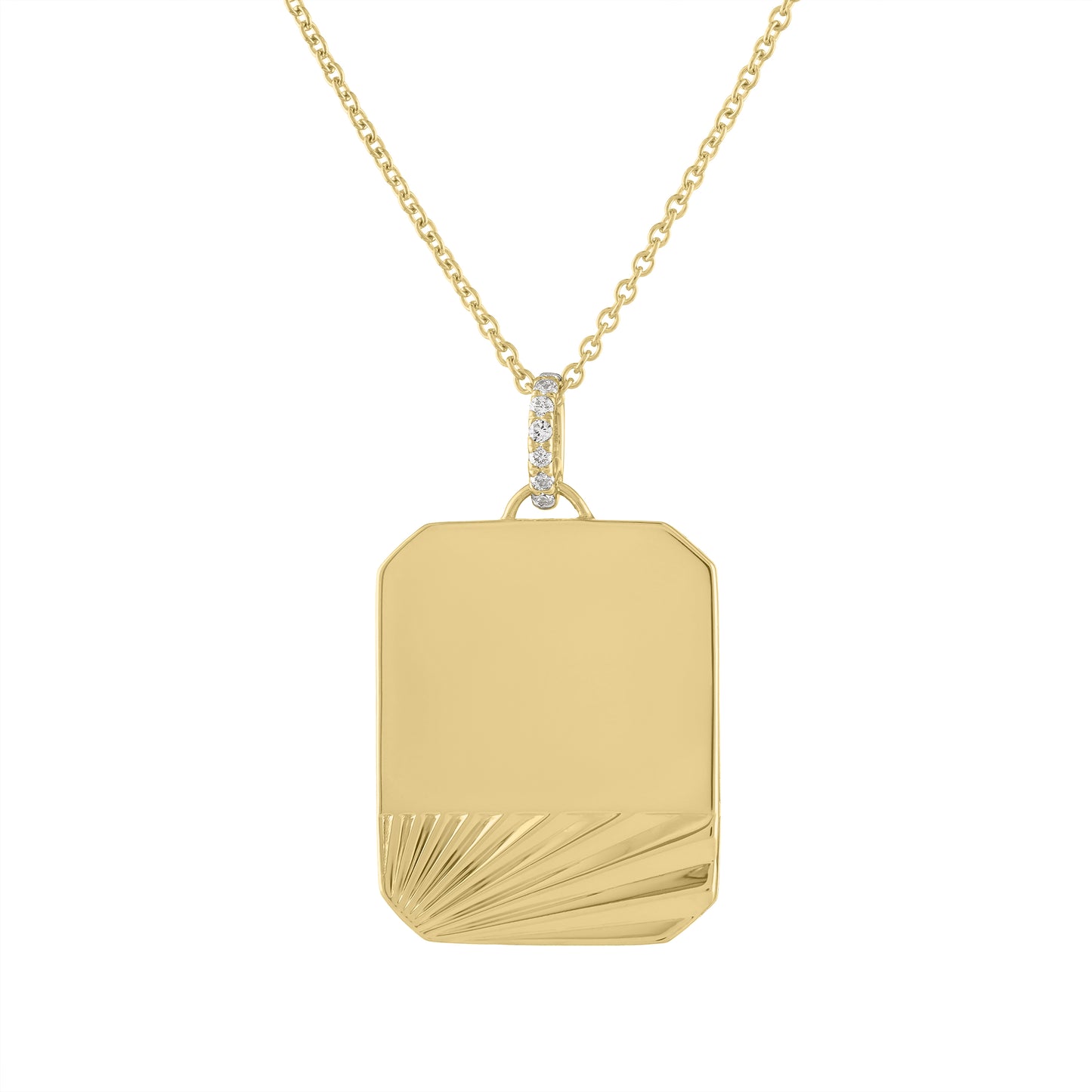 Yellow gold large engravable dogtag with fluting and a diamond bail.