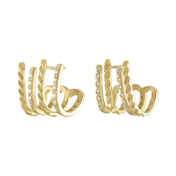 Yellow gold 4 leg pair of fluted and diamond earrings.