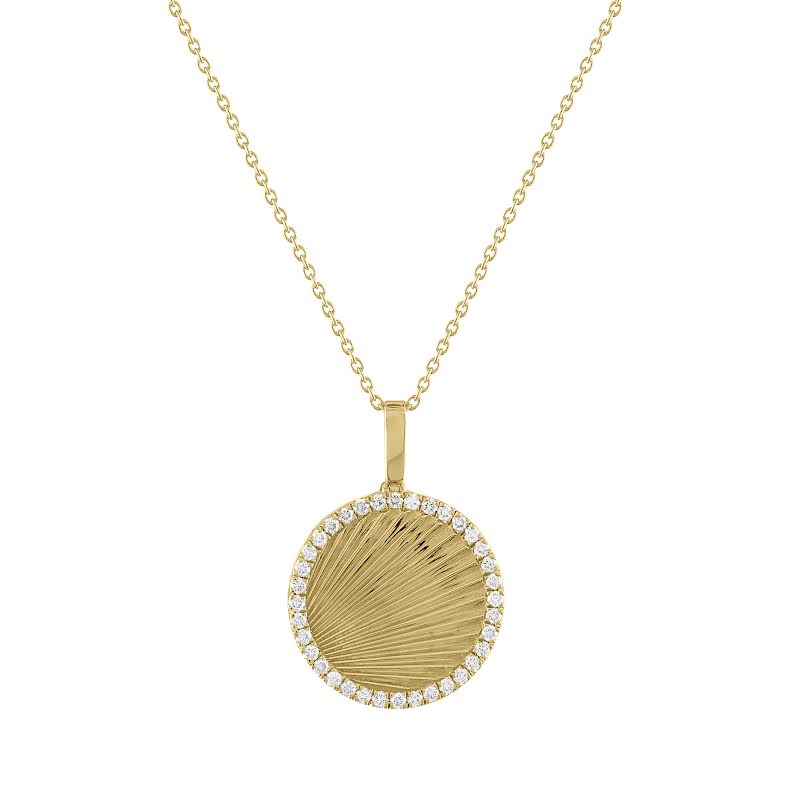 Yellow gold round disc necklace with fluting and round diamonds along the border.