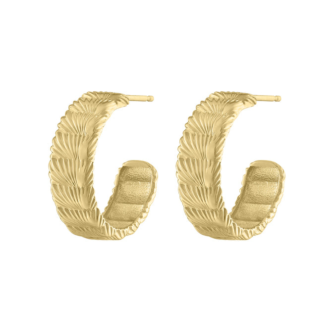 Yellow gold pair of fluted feather huggies.