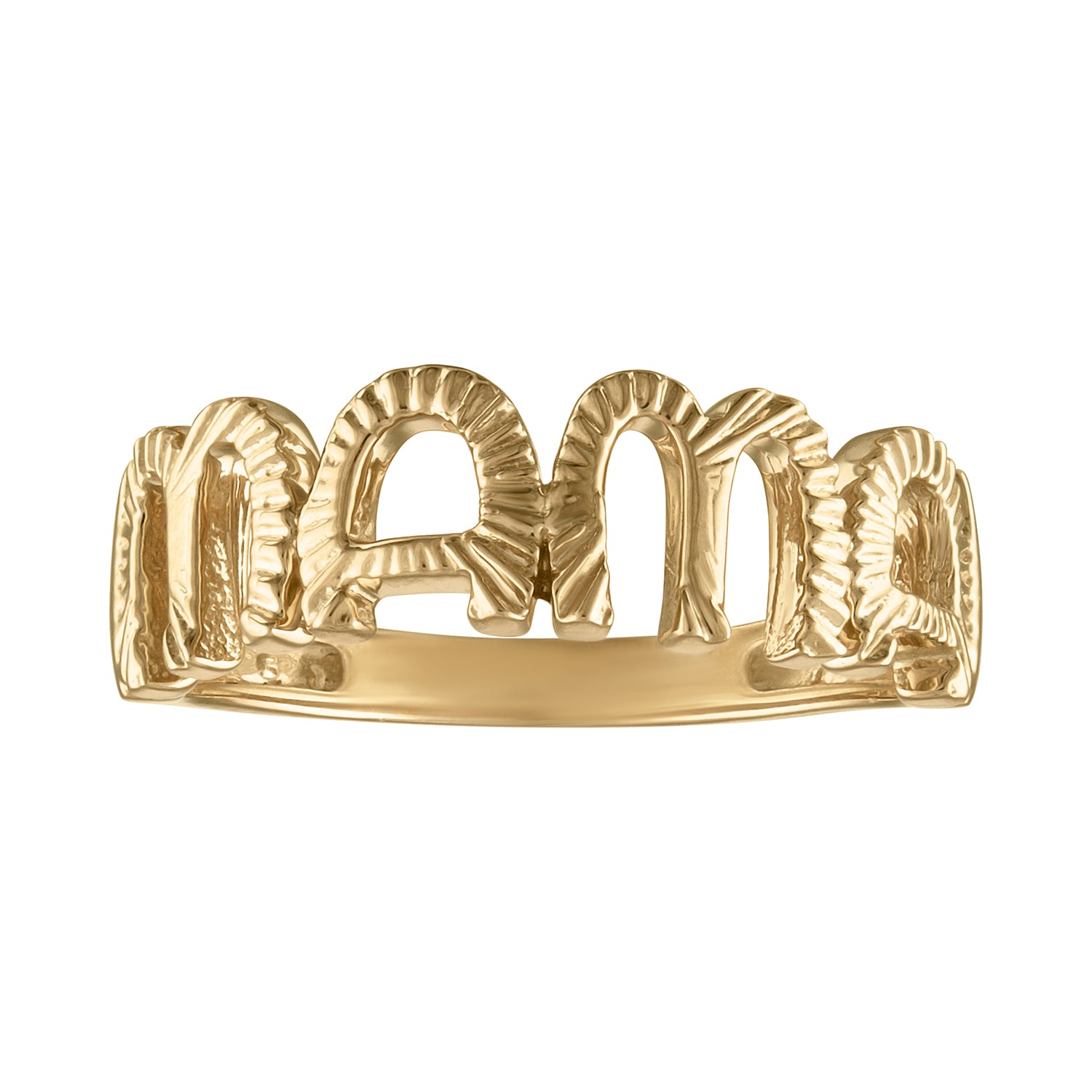 Yellow gold mama ring with fluting.