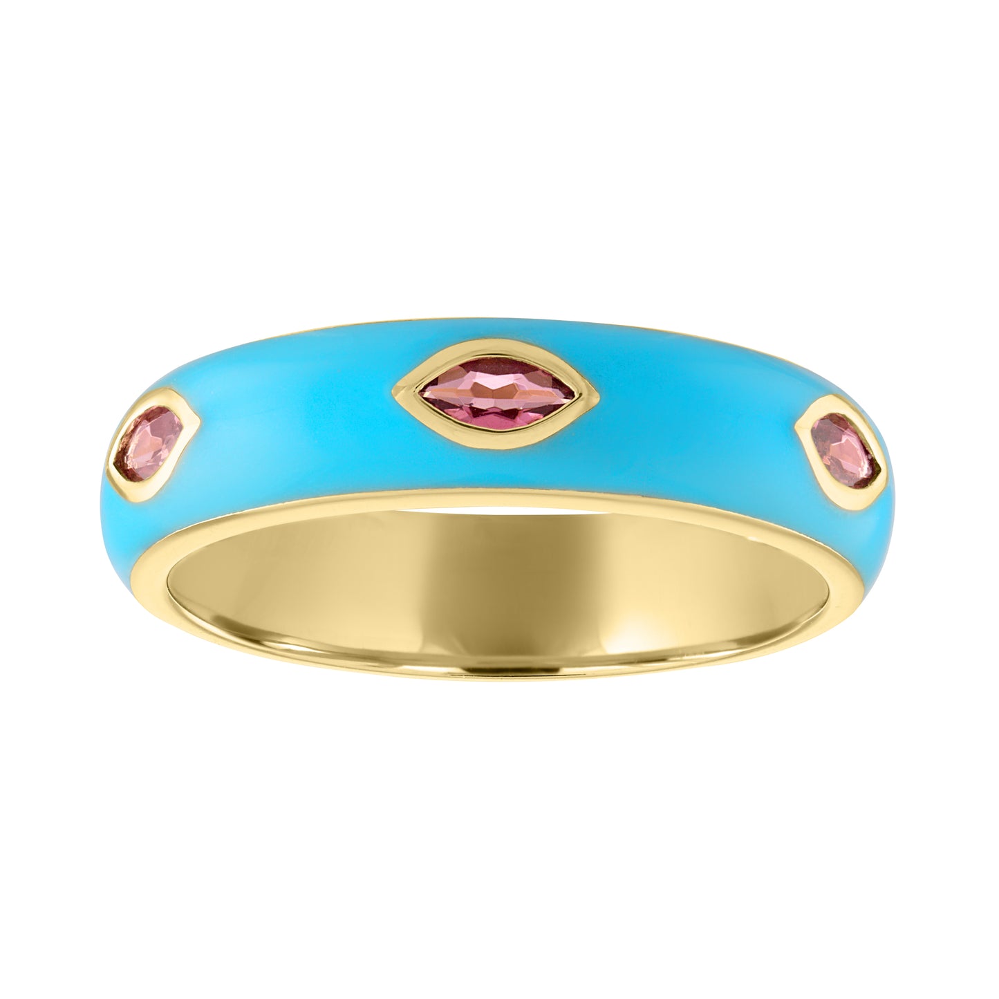 Yellow gold wide gypsy ring with blue enamel and bezeled marquise cut pink tourmalines.
