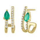 Yellow gold pair of huggies with a pear shaped emerald and round diamonds.