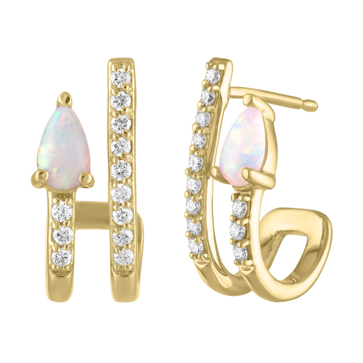 Yellow gold pair of huggies with a pear shaped opal and round diamonds.