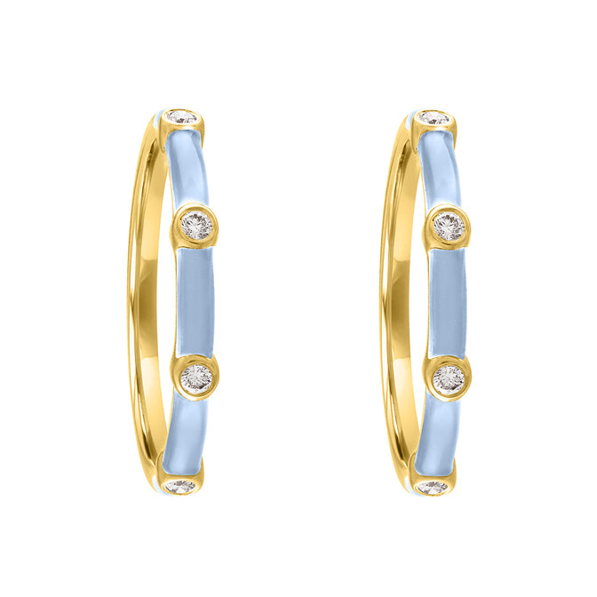 Yellow gold pair of huggies with blue enamel and four round diamonds.