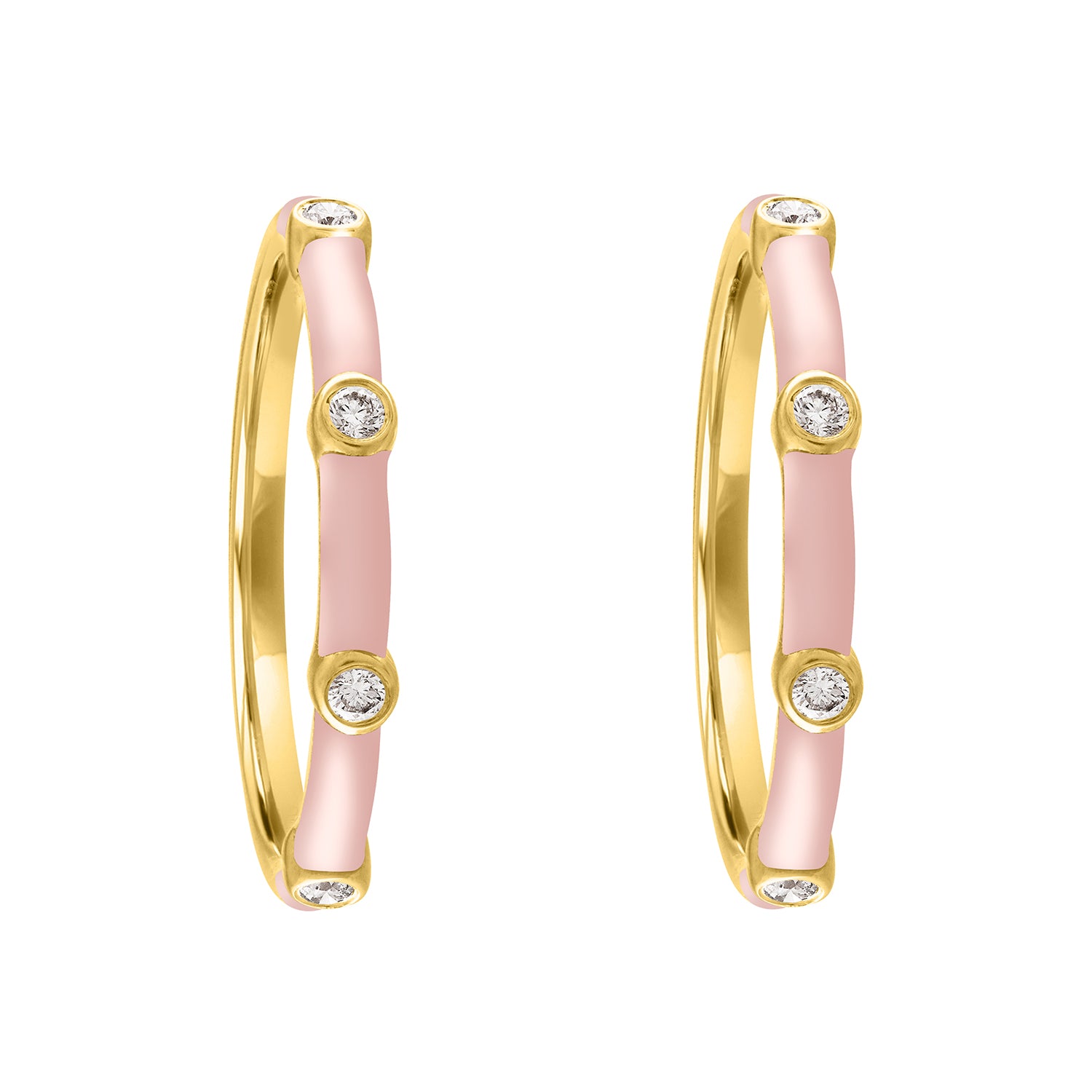 Yellow gold pair of huggies with light pink enamel and four round diamonds.