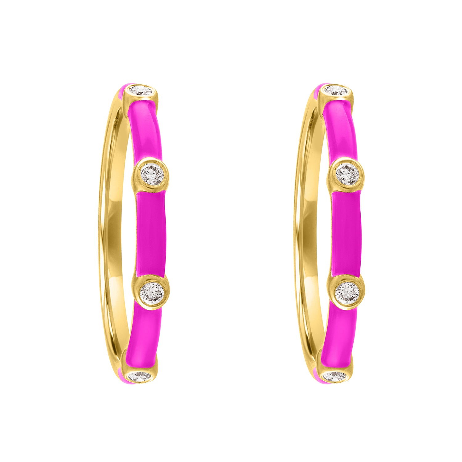 Yellow gold pair of huggies with neon pink enamel and four round diamonds.