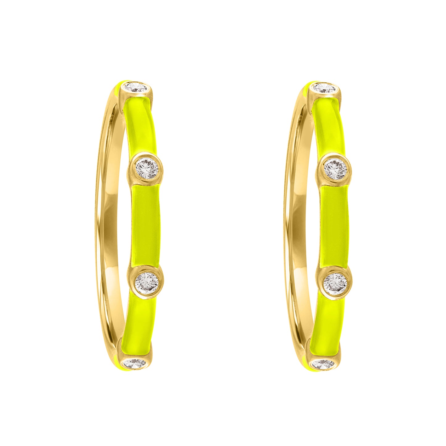 Yellow gold pair of huggies with yellow enamel and four round diamonds.
