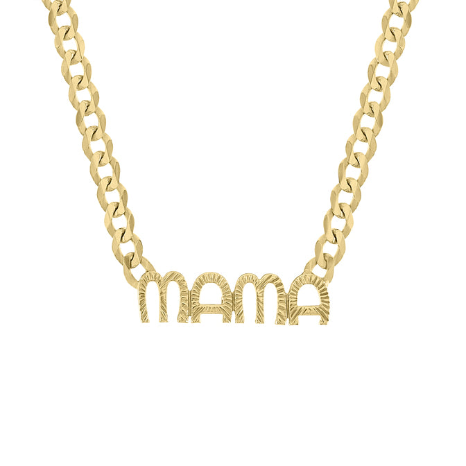 Yellow gold fluted mama necklace with a cuban link chain.