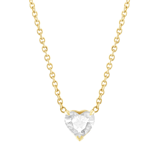Yellow gold necklace with a white topaz heart in the center.