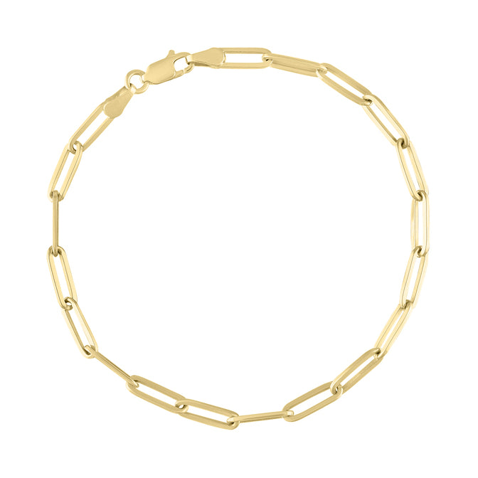Yellow gold paper clip chain bracelet.