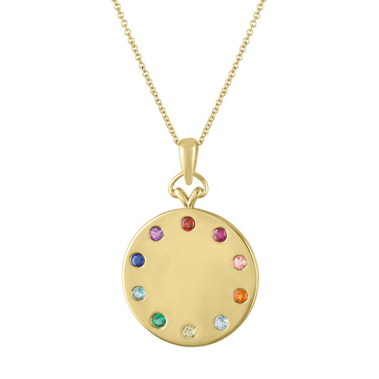 Yellow gold disc necklace with round multicolor stones around the border. 