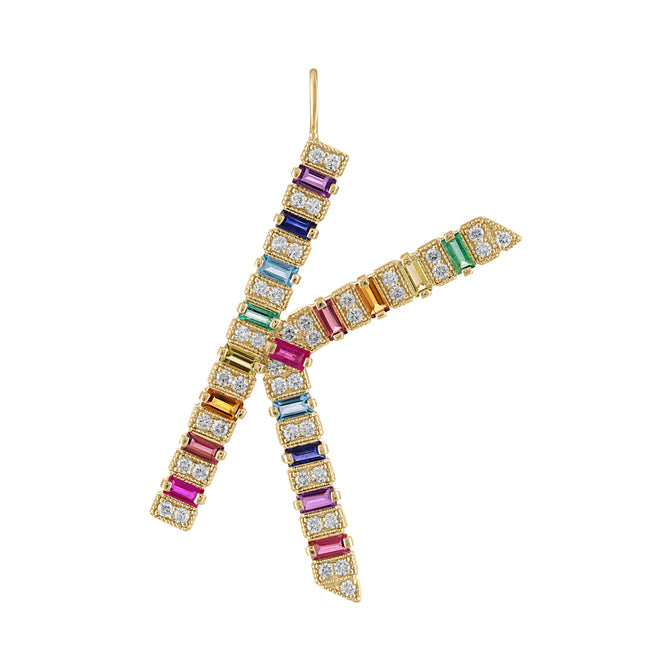 Yellow gold jumbo initial necklace with multicolor baguettes and round diamonds.