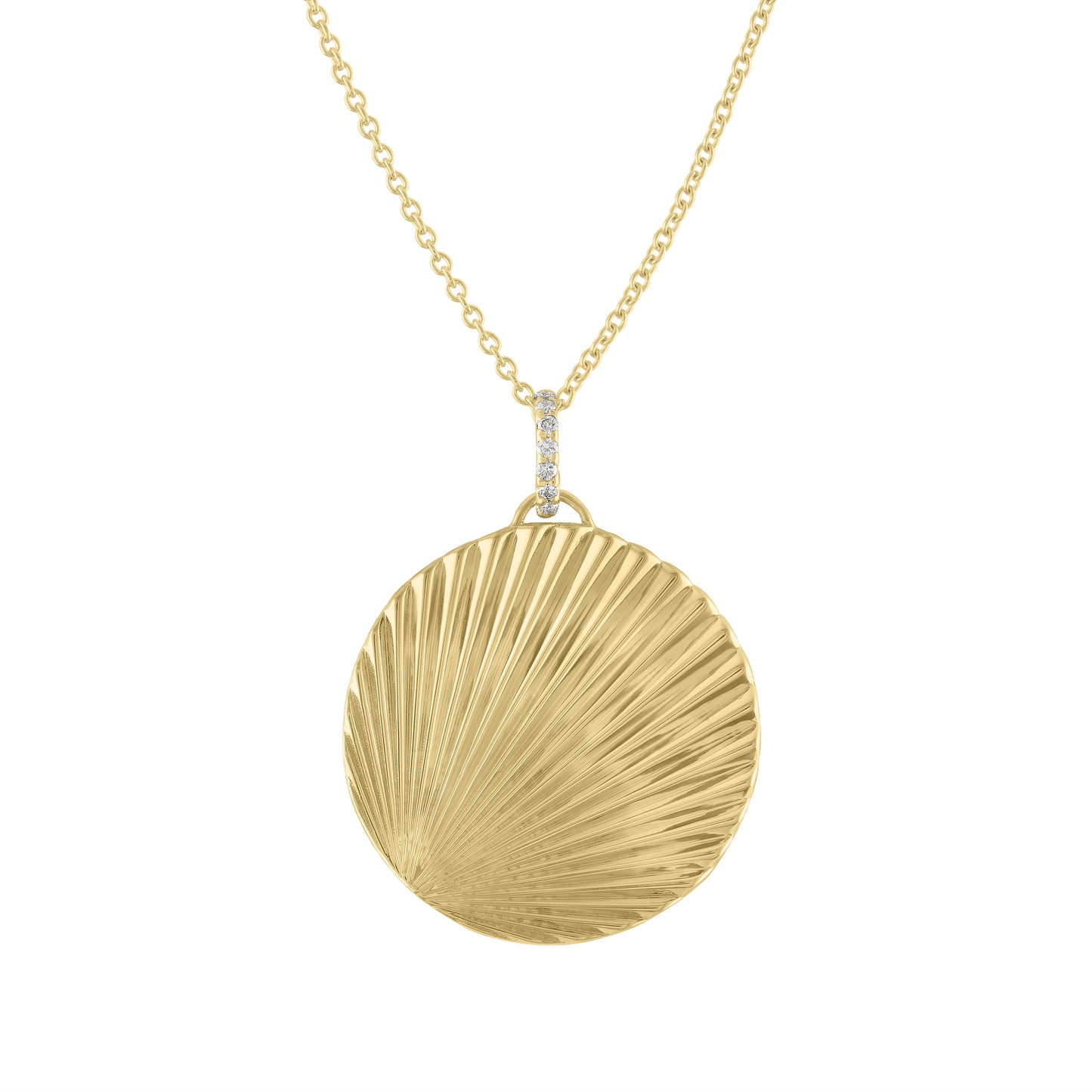 Yellow gold round fluted disk necklace with a diamond bail.