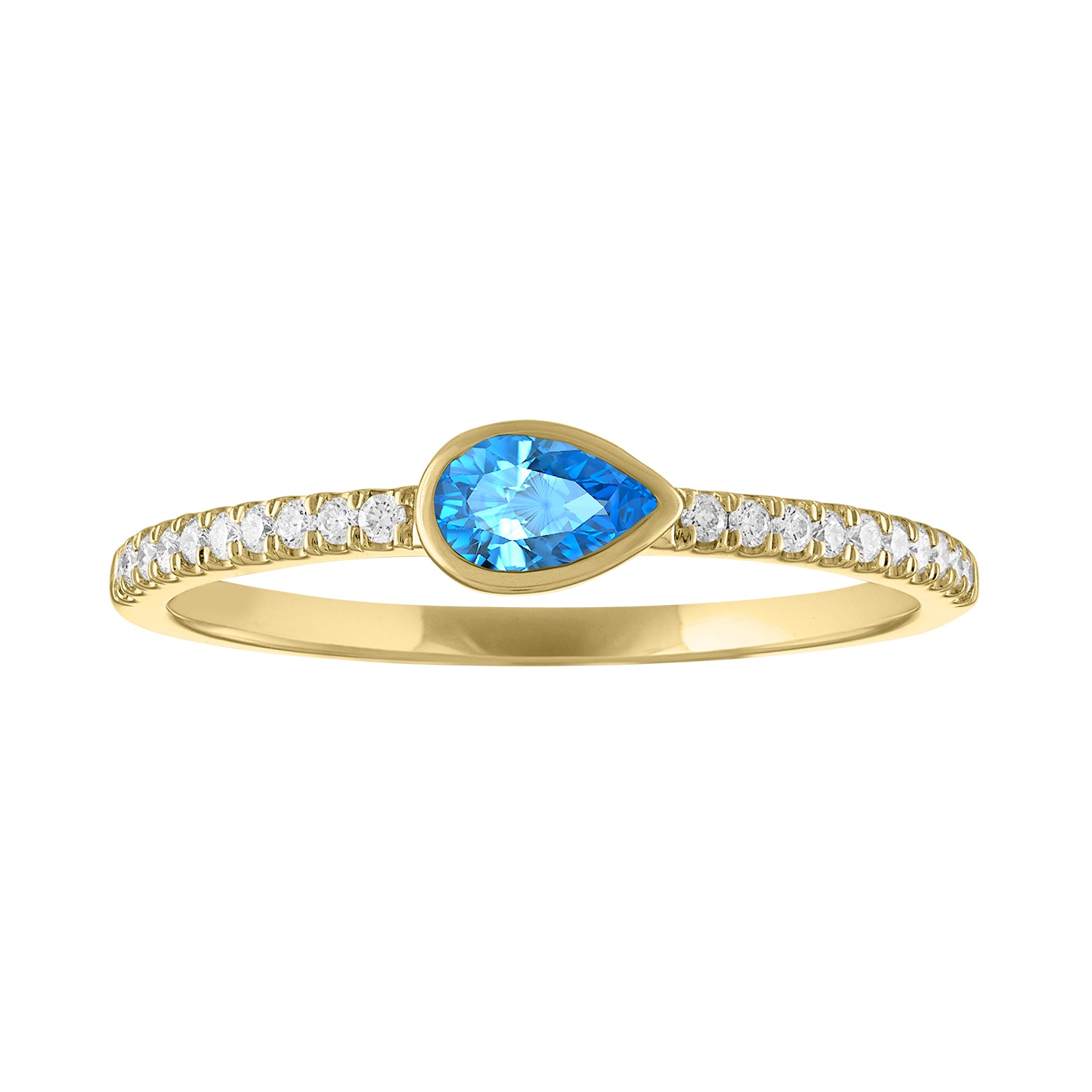 Yellow gold skinny band with a bezeled pear shape blue topaz in the center and round diamonds on the shank.