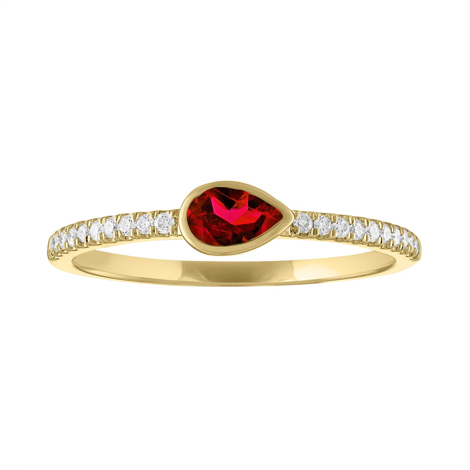 Yellow gold skinny band with a bezeled pear shape garnet in the center and round diamonds on the shank.