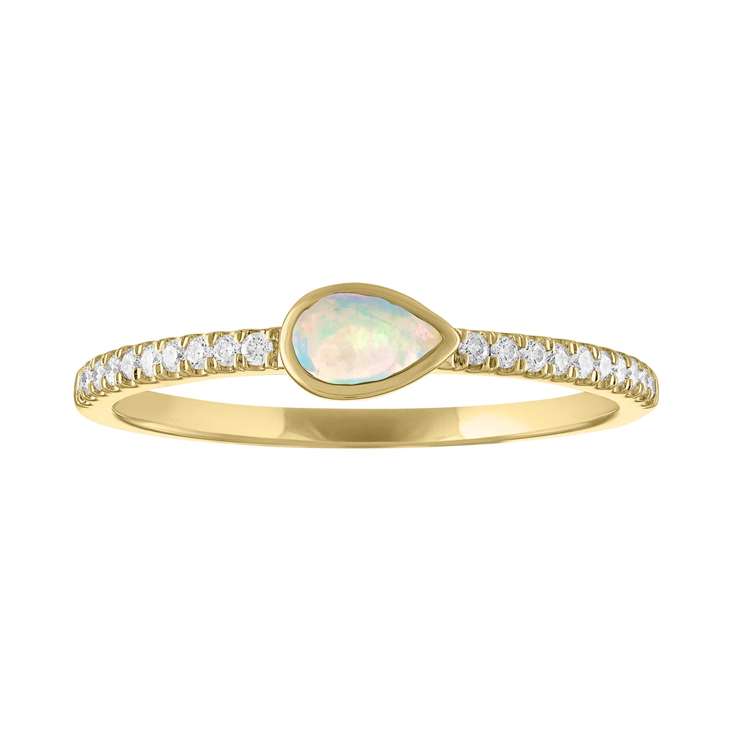 Yellow gold skinny band with a bezeled pear shape opal in the center and round diamonds on the shank.