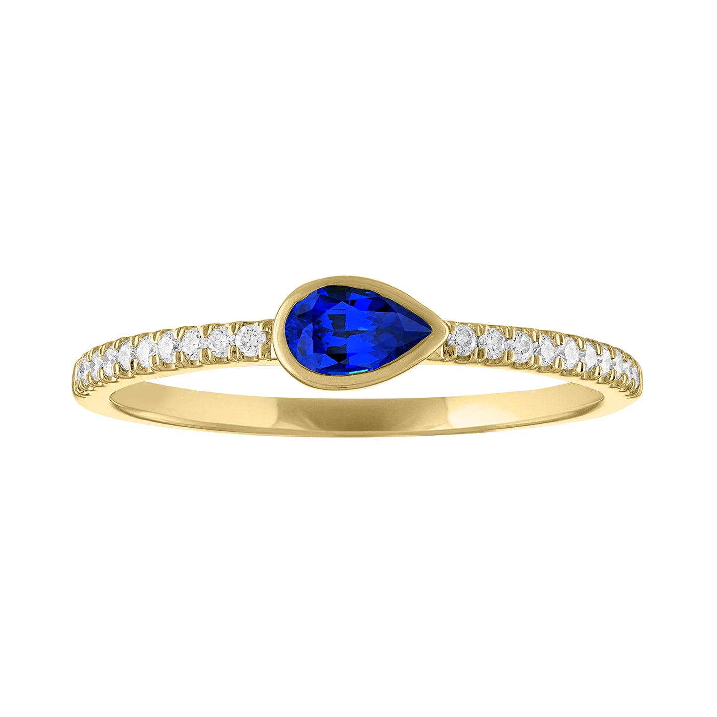 Yellow gold skinny band with a bezeled pear shape sapphire in the center and round diamonds on the shank.