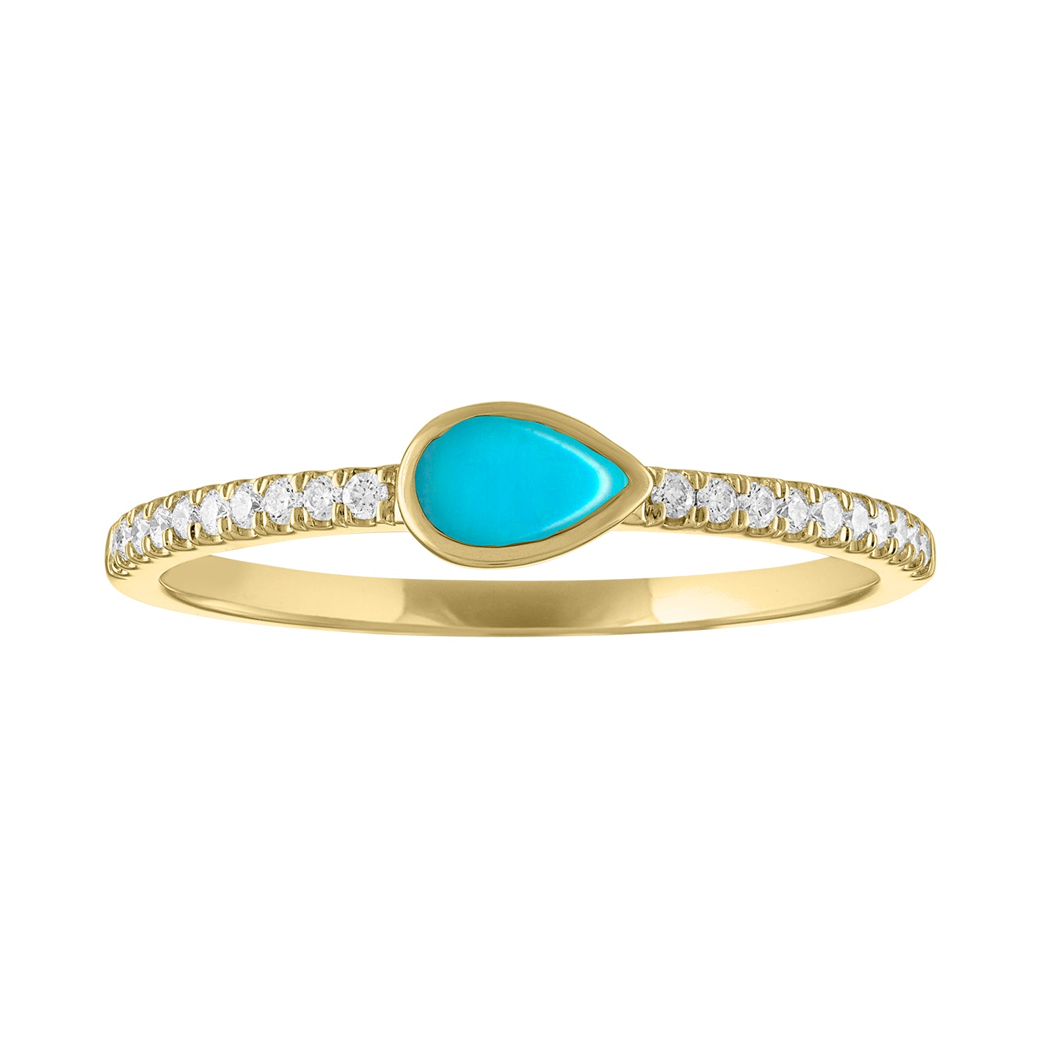 Yellow gold skinny band with a bezeled pear shape turquoise in the center and round diamonds on the shank.