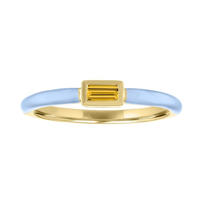 Yellow gold skinny band with blue enamel and citrine bezeled baguette in the center.