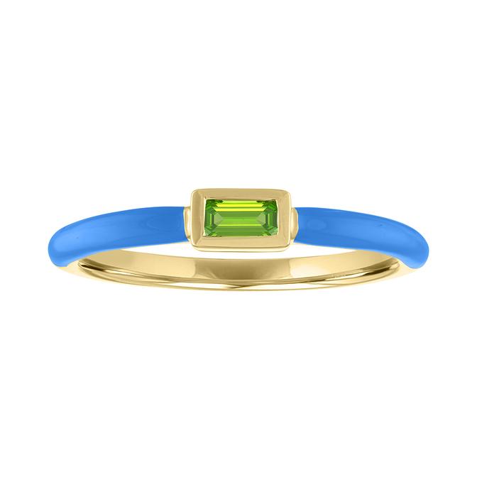 Yellow gold skinny band with blue enamel and peridot bezeled baguette in the center.