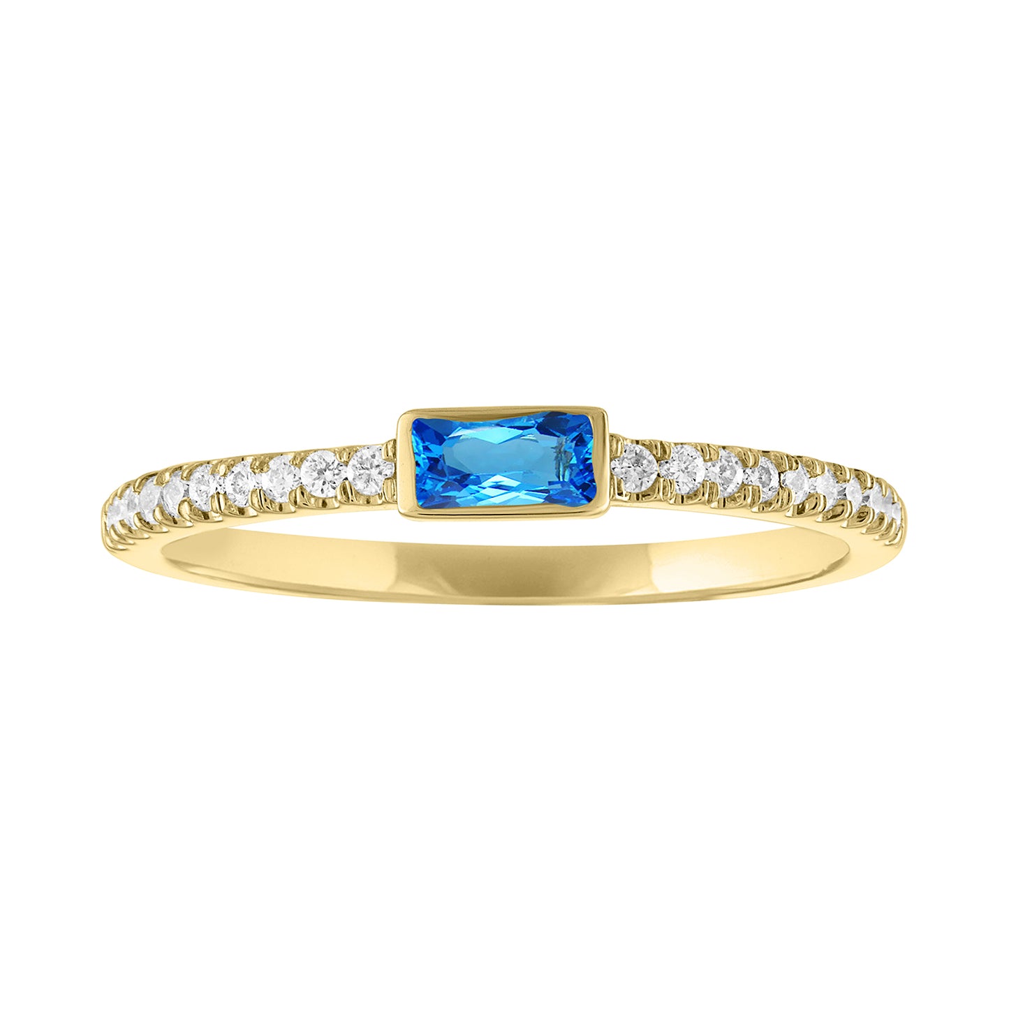 Yellow gold skinny band with a bezeled blue topaz baguette in the center and round diamonds on the shank.