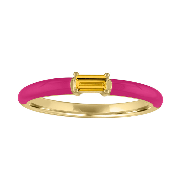 Yellow gold skinny band with pink enamel and citrine baguette in the center.