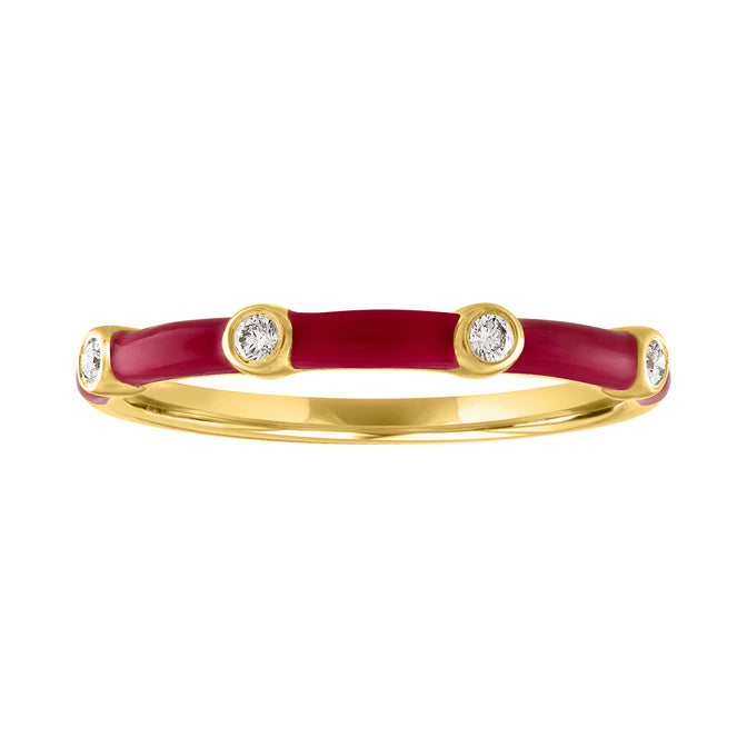 Yellow gold skinny band with fuchsia enamel and four round diamonds.