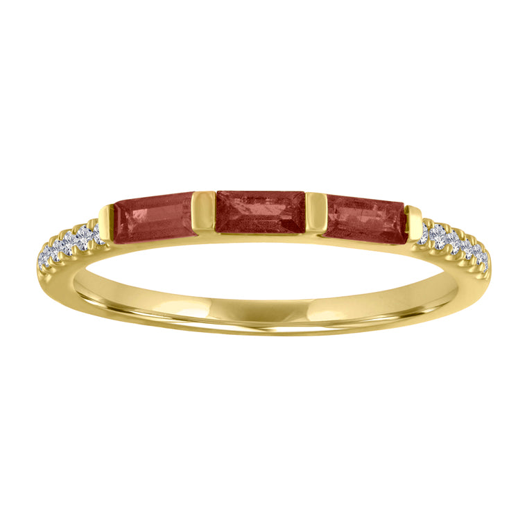 Yellow gold skinny band with three garnet baguettes and round diamonds on the shank.
