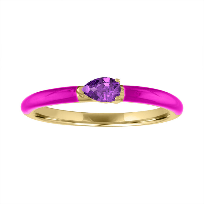 Yellow gold skinny band with pink enamel and a pear shaped amethyst in the center.