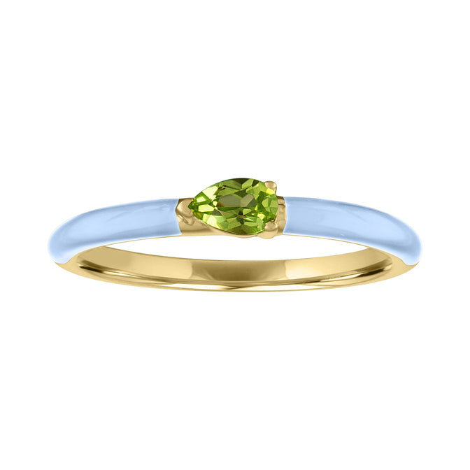 Yellow gold skinny band with blue enamel and a pear shaped peridot in the center.