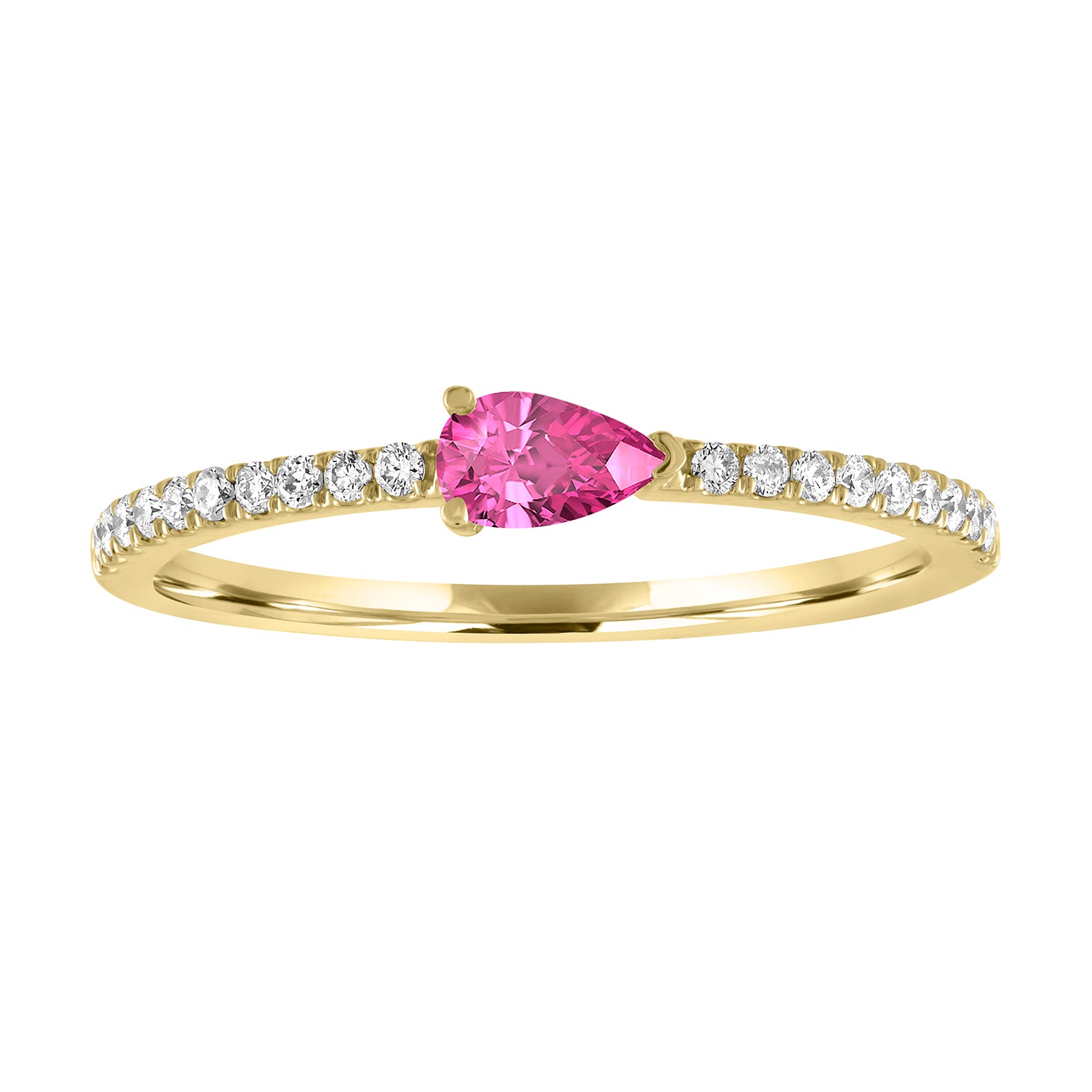 Yellow gold skinny band with a pear shaped pink tourmaline in the center and round diamonds on the shank.