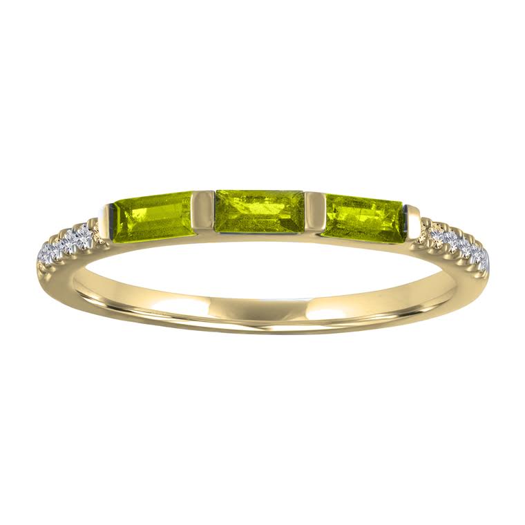 Yellow gold skinny band with three peridot baguettes and round diamonds on the shank.